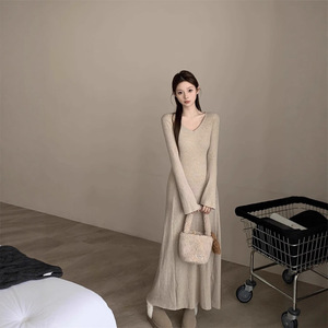 V-neck Flared Sleeve Sweater Dress Women Autumn Winter Long Fit And Flare Solid Color Vintage Style Maxi Dress Natural Waist - Product Image 1