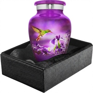 Urne funéraire transparente en aluminium violette faite à la main, vase commémoratif avec motif floral et oiseaux, boîte cadeau pour cendres d'adultes - Product Image 4