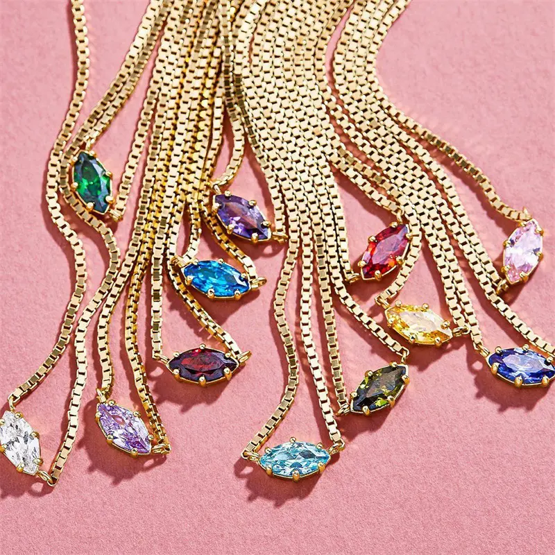 New Fashion Jewelry Colorful Birthstone CZ Zircon Horse Eye Chains Pendant Necklaces 14K Plated Gold Choker Necklaces For Women