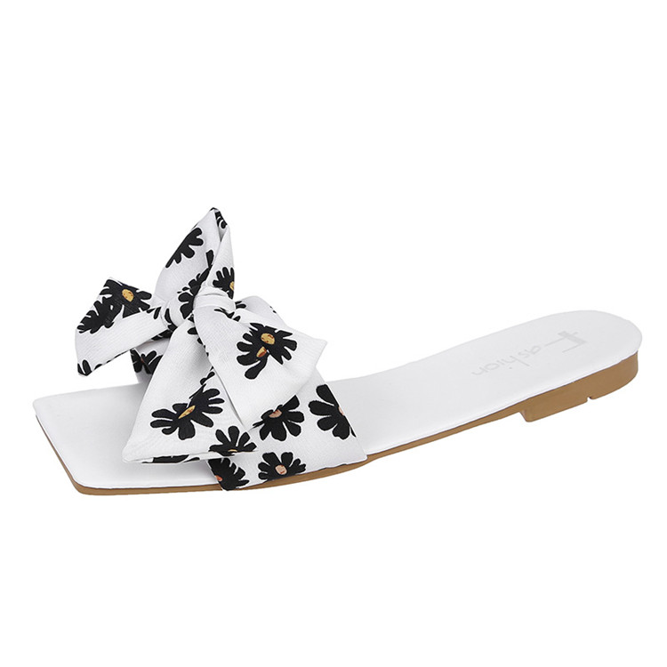 Summer Bow Square Head Flat Shoes Casual Slides Slipper Non Slip Ladies Sandals and Slippers