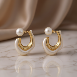 Boucles d'oreilles dorées E4776 avec fausses perles blanches, design géométrique, style minimaliste pour un usage quotidien féminin - Product Image 2