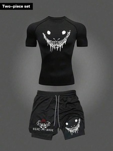 casual loose-fitting light gray T-shirt and cargo shorts snakehead print raglan short-sleeved T-shirt and shorts <b>tracksuit</b> F10 - Product Image 2