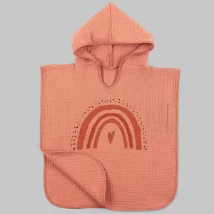 GOTS certified Hooded Poncho Towel For Kids Hooded 2 Layers Muslin Cotton Towels Beach Ponchos