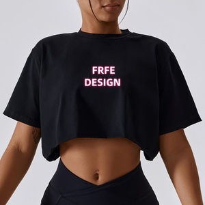 Tùy chỉnh cotton spandex thể thao phòng tập thể dục <span class=keywords><strong>Crop</strong></span> Top cho phụ nữ quá khổ trống đồng bằng lỏng thoáng khí Logo bé màu hồng cắt TEE Áo Thun - Product Image 1