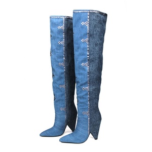 Metal Rivets High-Heeled Pointed Toe Women Blue Shoes Over Knee <b>Boots</b> Denim Patchwork Spike Heels Long Booties - Product Image 2
