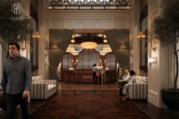 Comptoir de buffet de restaurant moderne en marbre sur mesure, mobilier commercial pour les intérieurs d'hôtels, de restaurants et de pubs