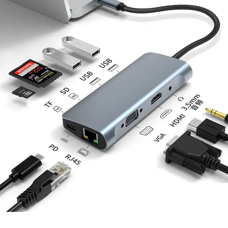 9 in 1 yerleştirme istasyonu HDTV 4K VGA USB tip C Hub 3 0 2.0 3.0 konsantratörü adaptörü Splitter Dock uzatma dizüstü