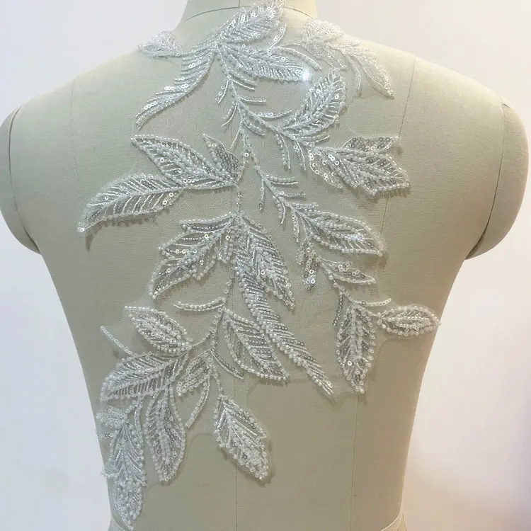 Silver White Beaded Embroidered Lace Trim DIY Wedding Dress Veil Decorative Applique