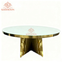 Table de mariage moderne de luxe en verre avec structure en acier inoxydable doré, mobilier d'hôtel écologique, tables rondes pour événements et mariages