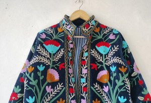 Hand Embroidered Floral Cotton Suzani <b>Jacket</b> Women Mandarin Collar Full <b>Sleeve</b> <b>Short</b> Length Prairie Chic Style Spring Outerwear - Product Image 2