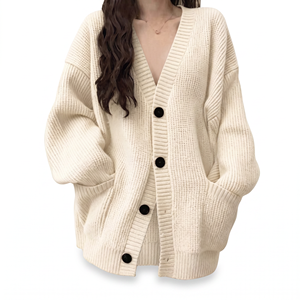 Großhandel Damen Lockerer V-Ausschnitt Strick-<span class=keywords><strong>Cardigan</strong></span>, Frühling-Herbst Lässige Einfarbige Mittellange Cross-Border Damenkleidung - Product Image 5