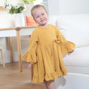 Linen Cotton Children Clothing Ruffled Sleeve Yellow Color A-line Kids Dresses for Girls