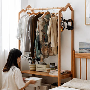 Zide Solid Wood Floor Standing Clothes <b>Rack</b> Cherry Wood 90cm With Wheels Open <b>Wardrobe</b> For Home Bedroom Use - Product Image 3