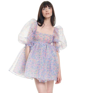 Vestido de festa quadrado, verão, gola quadrada, estampa floral, malha, manga bufante, vestido de noite, vestidos elegantes - Product Image 1