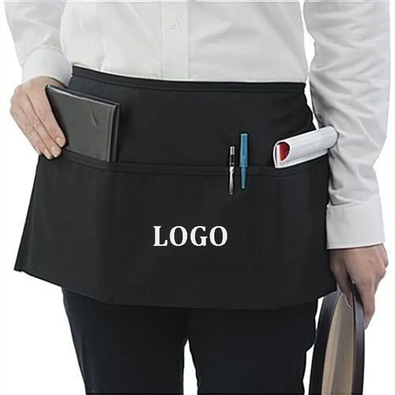 Avental de garçom para garçom, avental curto personalizado de poliéster e algodão preto com 3 bolsos e 2 bolsos, meio-servidor, avental de garçom para cozinha e café