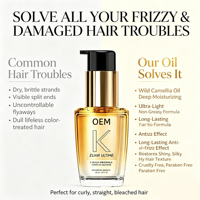 Huile capillaire K Elixir de qualité salon |   Formule nourrissante intense à la camélia sauvage, répare les cuticules abîmées, prévient les dommages causés par le coiffage à la chaleur