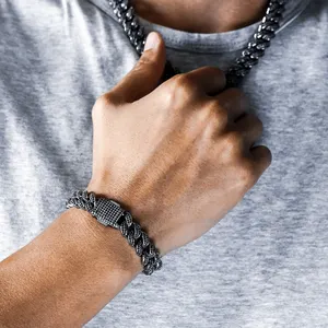 KRKC оптовая продажа 12 мм Черный Позолоченный 5A 2 ряда CZ Iced Out браслет хип-хоп мужские ювелирные изделия с бриллиантами кубинские звенья браслет