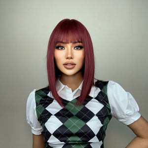 Faux postiche avec <span class=keywords><strong>frange</strong></span> rouge, Extension de <span class=keywords><strong>cheveux</strong></span> synthétiques une pièce naturelle pour femmes résistant à la chaleur - Product Image 6