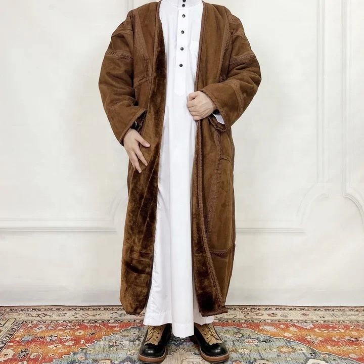Modest Winter Man Warn Long Kaftan Coat Soft Thick Casual Solid Color  Kimono With Pocket for Men M0090