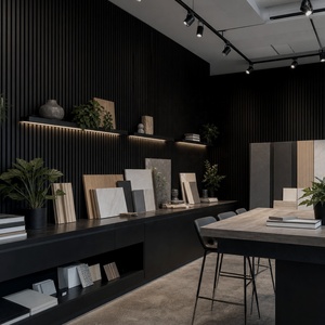 Pannello Fonoassorbente WYRAX per Showroom 3000x600x21mm <span class=keywords><strong>con</strong></span> <span class=keywords><strong>Doghe</strong></span> <span class=keywords><strong>in</strong></span> <span class=keywords><strong>Legno</strong></span> MDF Nero Opaco e Feltro PET Nero - Product Image 1