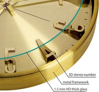 Reloj de pared de radiocontrol con número 3D de lujo de metal simple moderno de 12 pulgadas, reloj de aluminio atómico personalizado dorado redondo silencioso