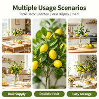 Élégante branche de citron jaune avec 3 fruits et feuilles vertes, plantes artificielles style ferme pour la décoration de la maison, de la cuisine, des mariages et des tables.