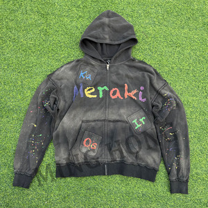 Custom Street Style Graffiti Splash Zip Pullover Vintage Washed Print Recortada Sudadera con capucha - Product Image 1