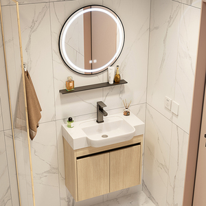 Mobile <span class=keywords><strong>bagno</strong></span> a parete in alluminio a nido d'ape con finitura in fibra di carbonio rovere chiaro, maniglia a incasso, specchio LED intelligente e <span class=keywords><strong>mensola</strong></span> aperta - Product Image 3