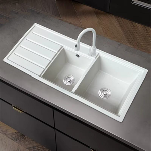 Évier en céramique artificielle blanche à <span class=keywords><strong>double</strong></span> cuve Évier de cuisine en quartz Évier de cuisine commercial Topmount de luxe - Product Image 1