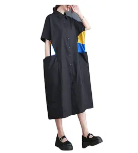 2024 New Blouse Women Cool Short Sleeve Button Loose Long Shirts Tunic Women Patch Color Blouses Casual Loose Style Ladies Dress