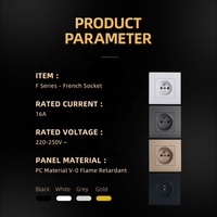 Prise murale française 2P+T de style moderne, couleur blanc, noir, gris, or, ignifuge, cadre en PC, norme européenne, 16A 250V