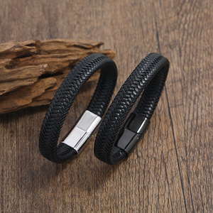 Customized Black Braided <b>Leather</b> <b>Bracelet</b> with Stainless Steel Vintage Style Magnetic <b>Bracelet</b> Simple Fashion Gift for Men - Product Image 1