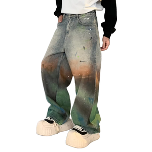 مصمم أزياء العلامة التجارية الرجال فضفاض الجينز الفضفاض الأمريكية غسلها القذرة نقطة الحبر دفقة بنطال الدنيم نمط الشارع الشهير مع منتصف الخصر - Product Image 3