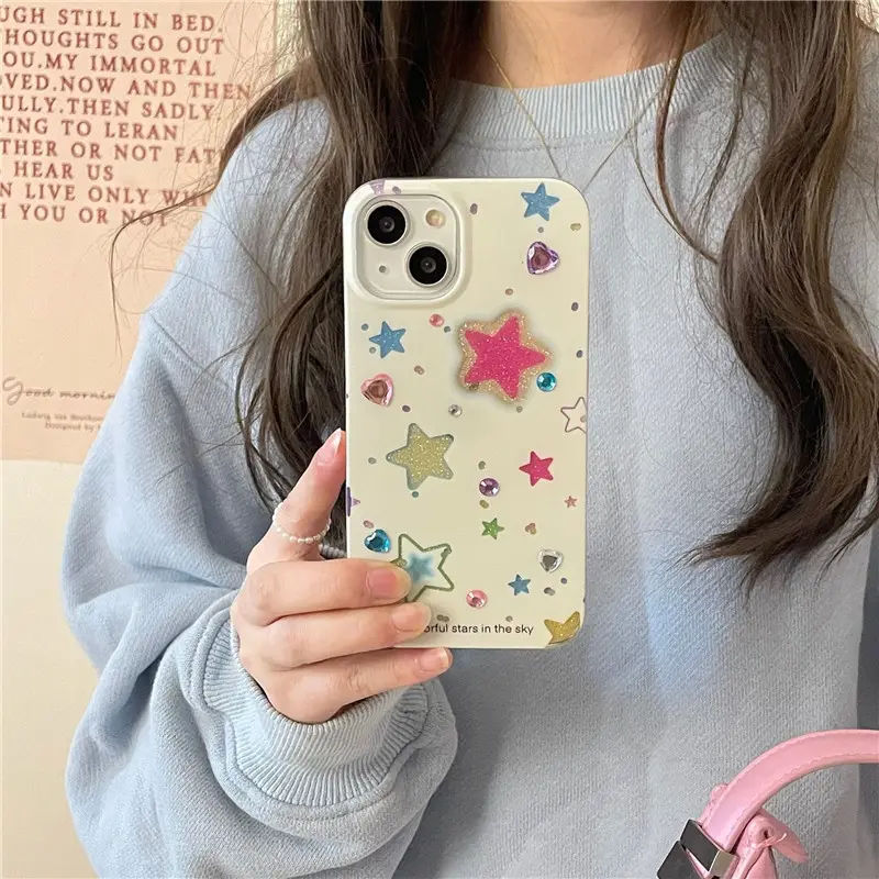 Cute Glitter Star Diamonds Sticker Phone Case For iPhone 14 13 12 11 Pro Max Protector Funda For iphone 14 Pro Lovely Hard Cover