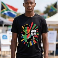 Camiseta de poliéster para las elecciones de Sudáfrica 2026 con estampado de rostro votando, mapa colorido y líneas radiantes, camiseta negra de alto rendimiento
