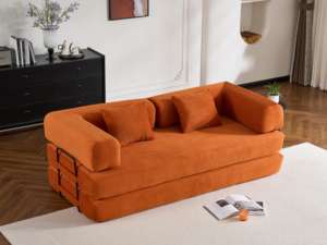 أريكة سرير قابلة للتحويل مع وسادة أسطوانية، فرشة قابلة للطي من قماش الكوردروي، إطار ثابت الشكل، أريكة أرضية لغرفة المعيشة - Product Image 6