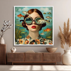 Quadro su Tela con Donna che Vede Pesci Sottoacquei con Occhiali, <span class=keywords><strong>Arte</strong></span> Murale Fantastica Subacquea, Moderno <span class=keywords><strong>Surrealismo</strong></span> - Product Image 4