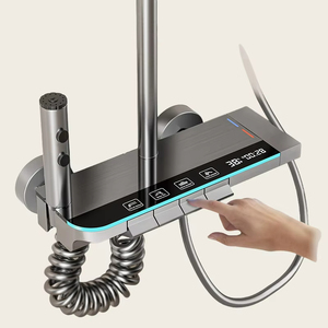 Venta al por mayor atmósfera pistola <span class=keywords><strong>de</strong></span> luz gris baño Piano pantalla Digital <span class=keywords><strong>grifo</strong></span> <span class=keywords><strong>ducha</strong></span> lluvia 4 Funciones Sistema Conjunto - Product Image 1