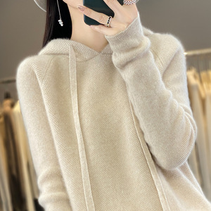 2025 fábrica al por mayor 100% suéter de punto de lana para mujer Color sólido con capucha logotipo frontal primavera Fondo chica diseño - Product Image 3