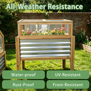 Easy Assembly Tall Elevated Wood Frame Raised Garden Bed Galvanized Steel <b>Planter</b> Box with Greenhouse Cover for Gardening - Product Image 3