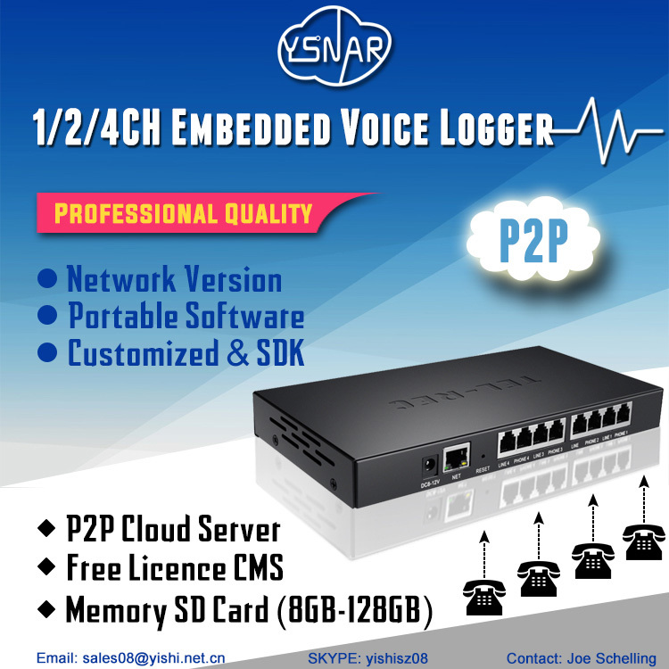 2CH integrado SMDR P2P red voz registrador 2 puertos/líneas sola nube teléfono grabadora de voz