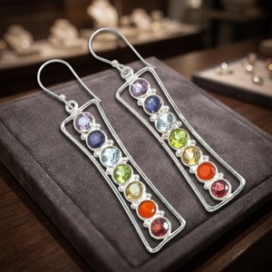 Boucles d'oreilles pendantes en pierres précieuses naturelles Chakra, en argent sterling 925, serties à la main, bijoux de pierre de naissance pour occasions festives féminines - Product Image 3