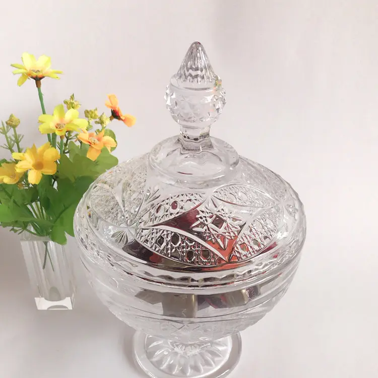 Toptan moda çiçek şekli tasarım kristal berraklıkta cam aperatifler veya meyve kupası veya şeker veya salata kapaklı kase