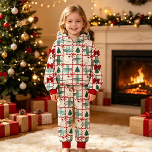 Haut à capuche sans manches et pantalon de jogging en coton biologique imprimé avec des nœuds en forme d'oies en pain d'épices personnalisés pour filles, tenues de Noël - Product Image 2