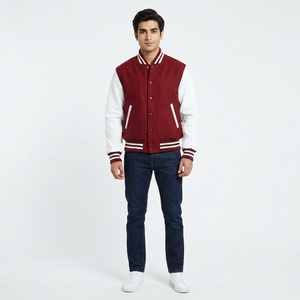 FINER THREADS Custom Men's Leather Varsity <b>Jacket</b> <b>Red</b> Stand Collar Front Logo <b>Waterproof</b> Windproof Breathable Wholesale OEM - Product Image 1