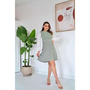 Vestido Verde Estampado con Corte en A, Cuello Redondo, Cintura Natural, Tejido Transpirable, Informal, para Uso Diario, con Contraste de Color y Manga Larga - Product Image 3