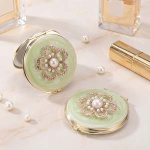 Luxury Jeweled <b>Compact</b> <b>Mirror</b> Gold Metal Enamel Flower Rhinestone Pearl 1X 2X Magnifying Dual Sided HD Pocket Makeup <b>Mirror</b> - Product Image 1