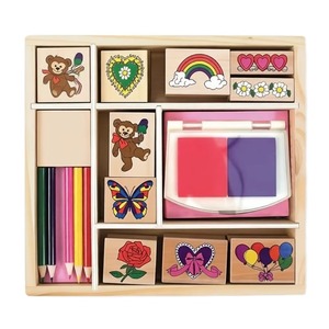 Ensemble de tampons en bois pour enfants, 9 tampons, tampon encreur 2 couleurs, crayons de coloriage, cadeau pour les loisirs créatifs des enfants, tampon en bois avec kit de crayons - Product Image 1