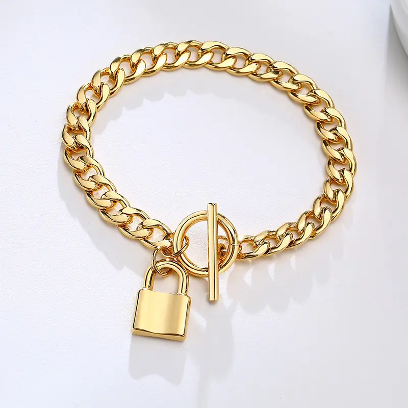 Britischer Stil 18 Karat vergoldet Geometric OT Clasp Lock Armband <span class=keywords><strong>Vintage</strong></span> Chunky Link Chain Edelstahl Armband
