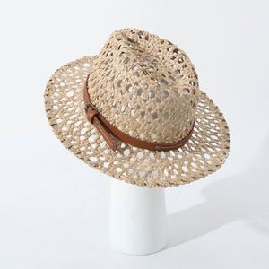 2025 Hand Woven <b>Straw</b> <b>Fedora</b> Hat Plum Grass Flat Brim Hollow Sun Hat Panama Hat - Product Image 1